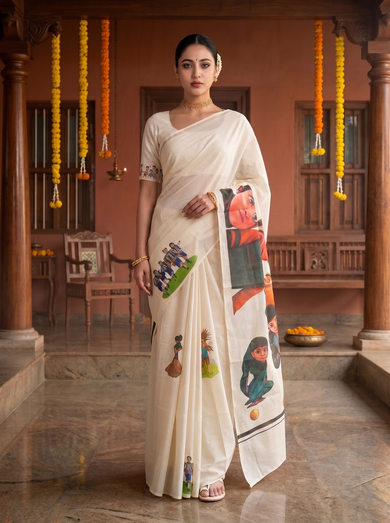A woman stands in a traditional courtyard wearing a cream-colored saree with colorful printed illustrations and a white border. The background features warm terracotta walls, wooden pillars, and hanging yellow marigold garlands.