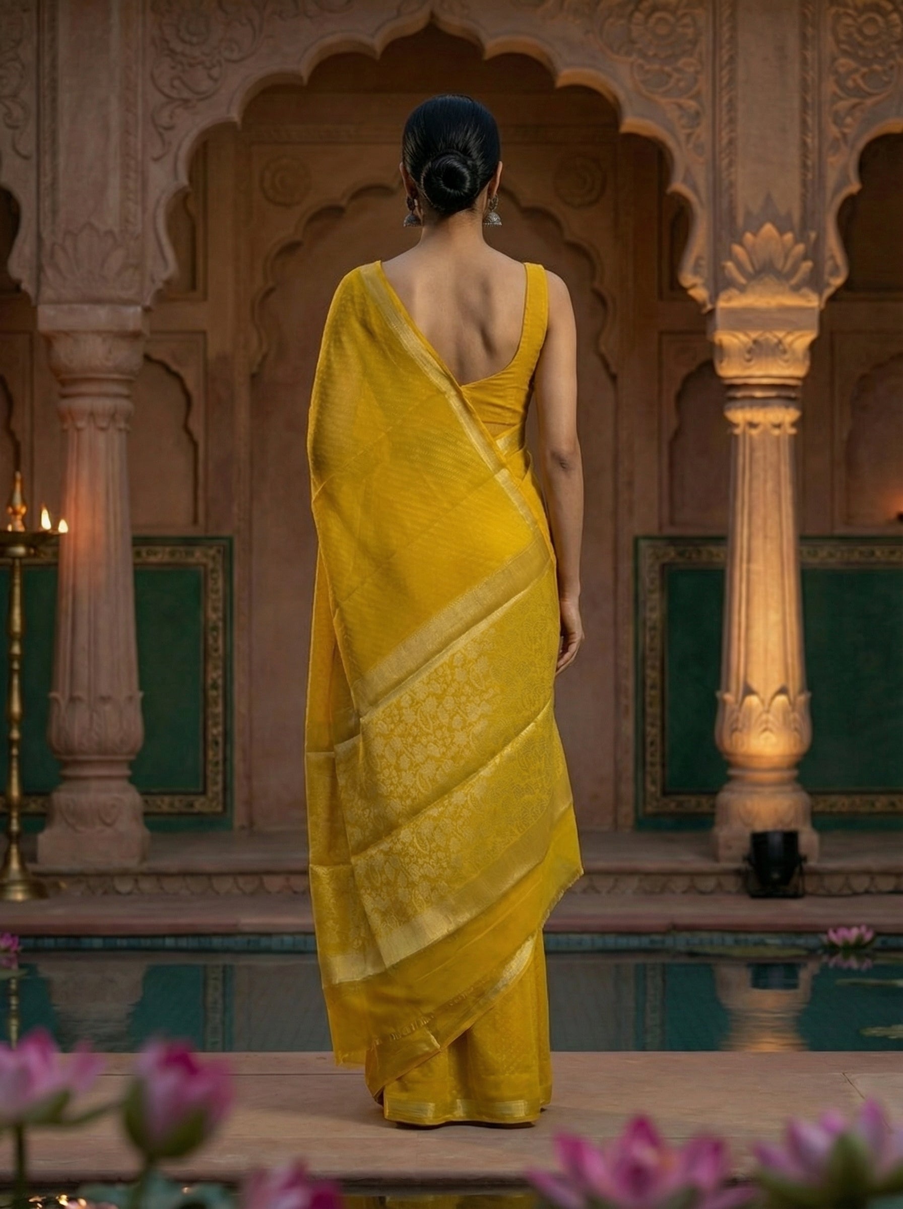 Georgette Banarasi Mustard Yellow Elegant Self Pattern Saree