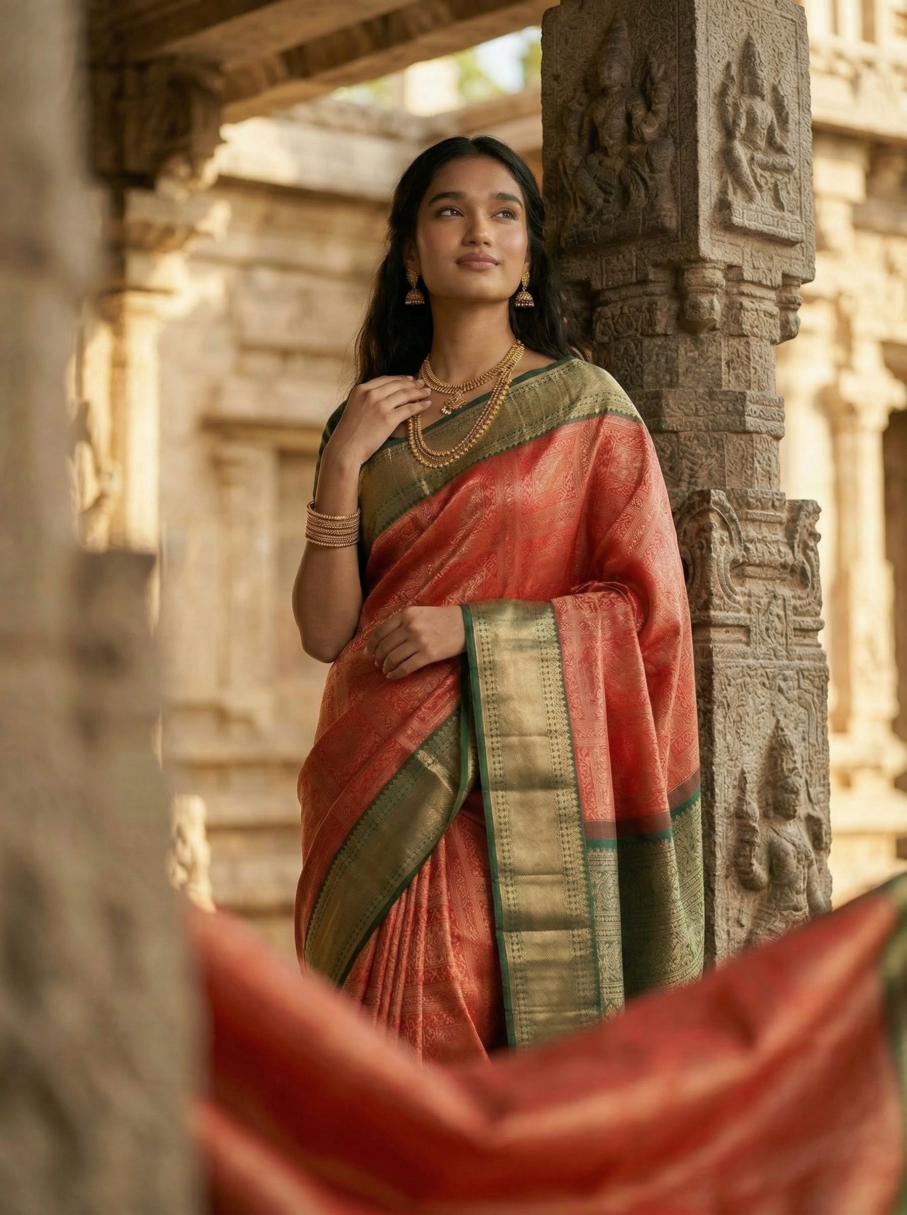 Kanjivaram Silk Red Traditional Zari Woven Saree with Green Border