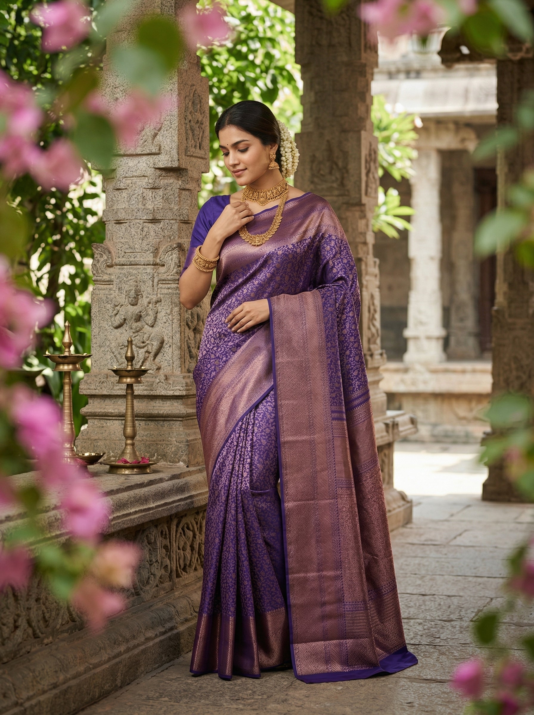 Kanjivaram Silk Golden Floral Pattern Violet Traditional Saree