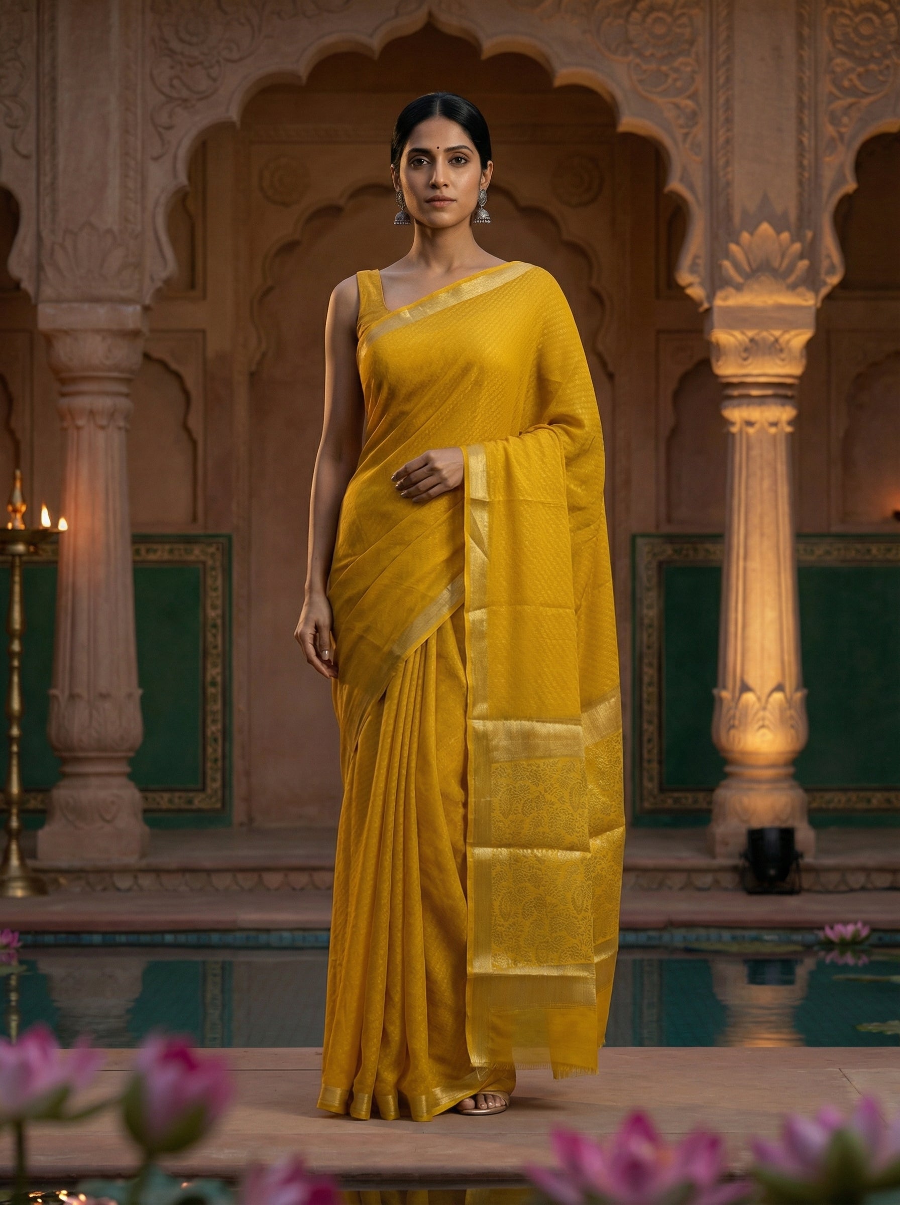 Georgette Banarasi Mustard Yellow Elegant Self Pattern Saree