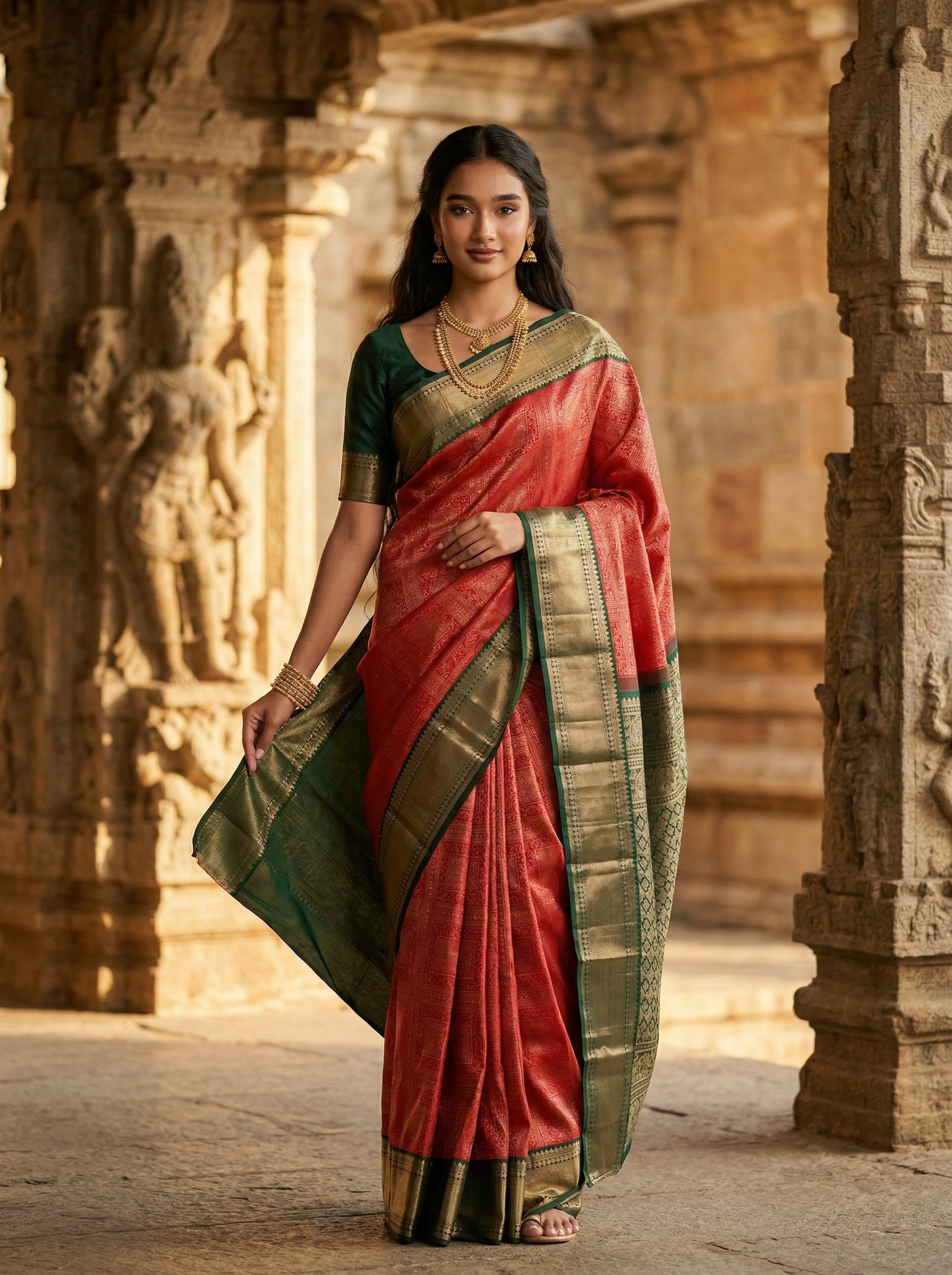 Kanjivaram Silk Red Traditional Zari Woven Saree with Green Border