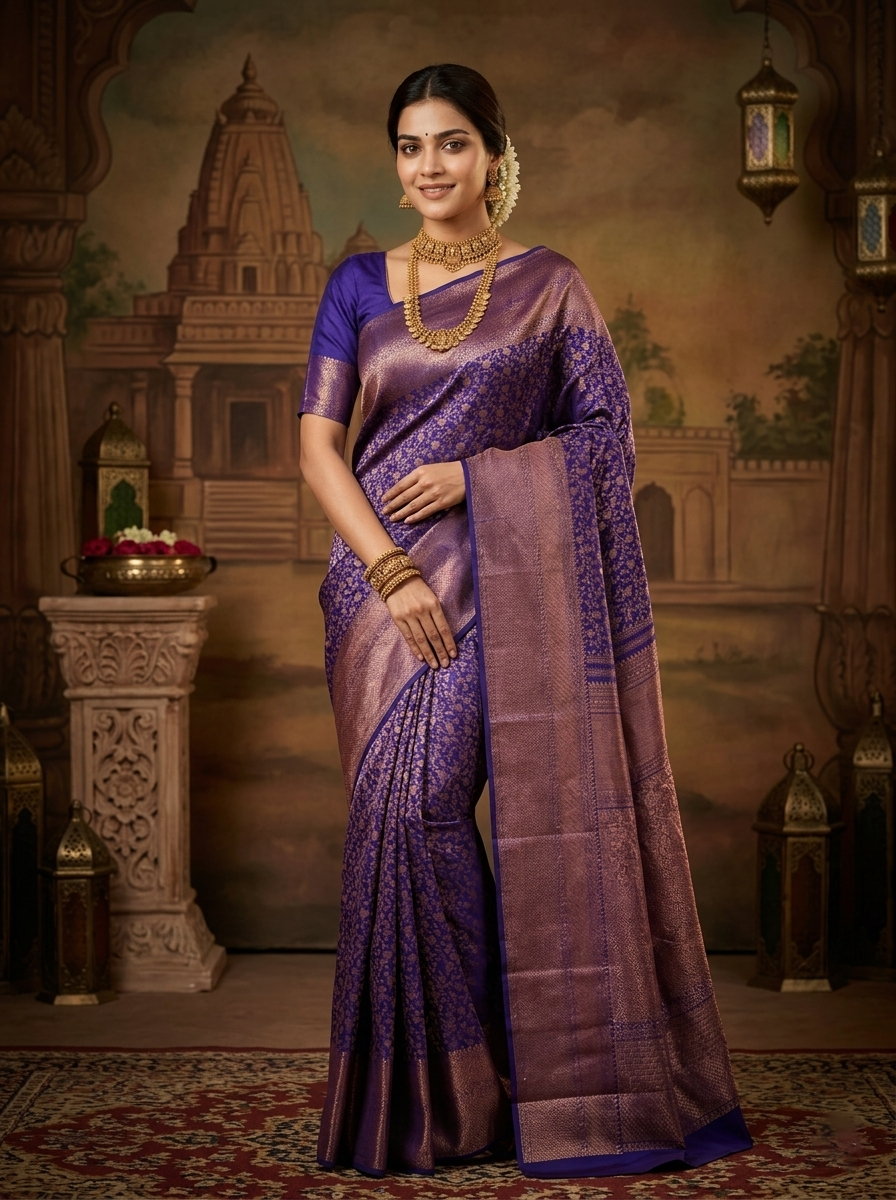 Kanjivaram Silk Golden Floral Pattern Violet Traditional Saree