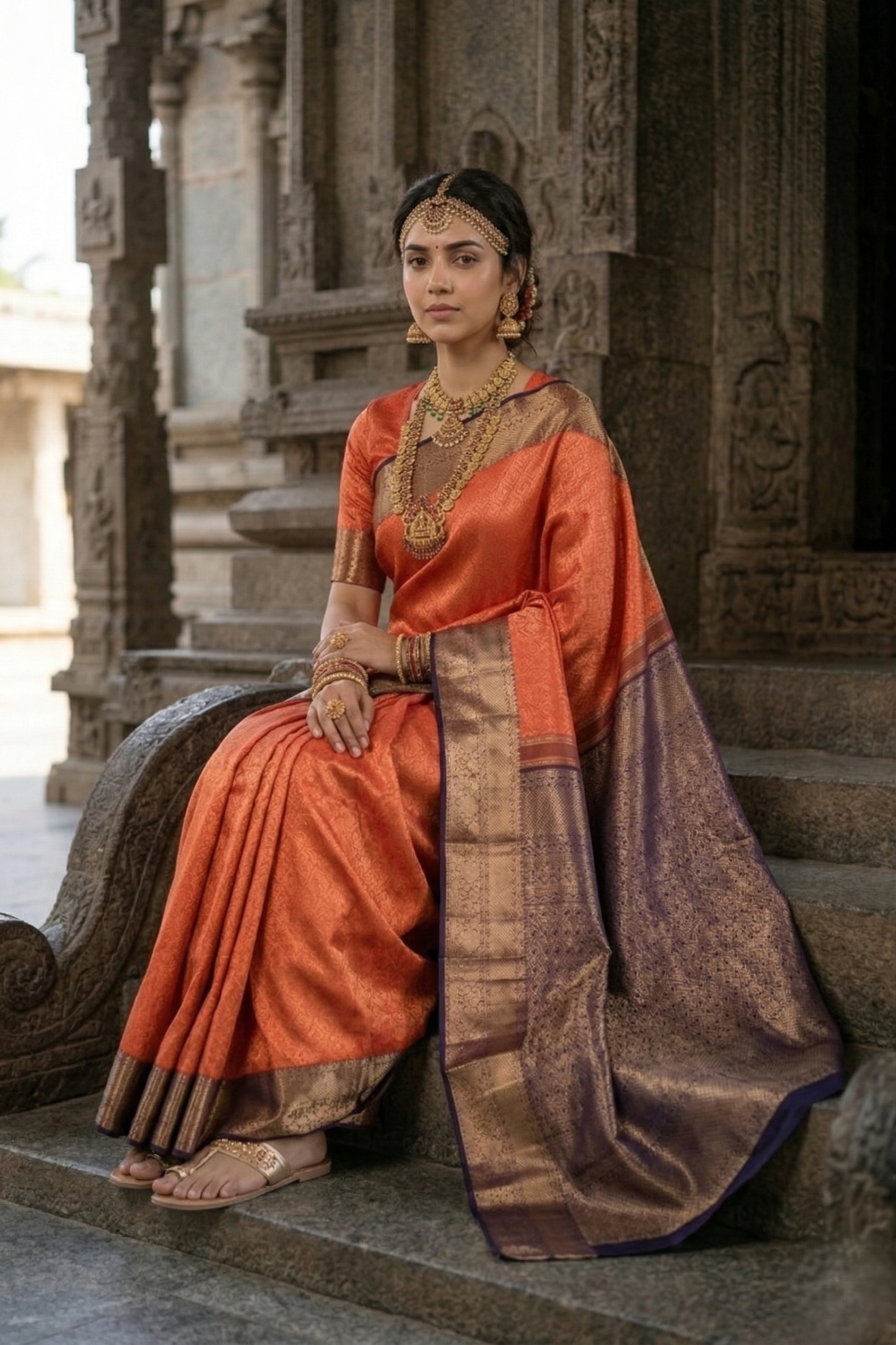 Kanjivaram Silk Orange Contrast Purple Traditional Brocade Saree