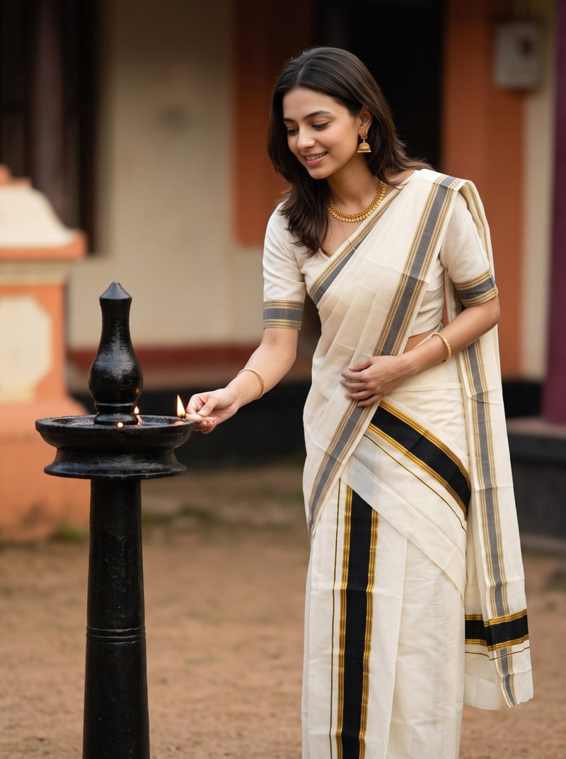 A woman wearing a cream-colored sari with black and gold stripes stands beside a black oil lamp, holding a lit match. The background shows a softly blurred traditional building interior.