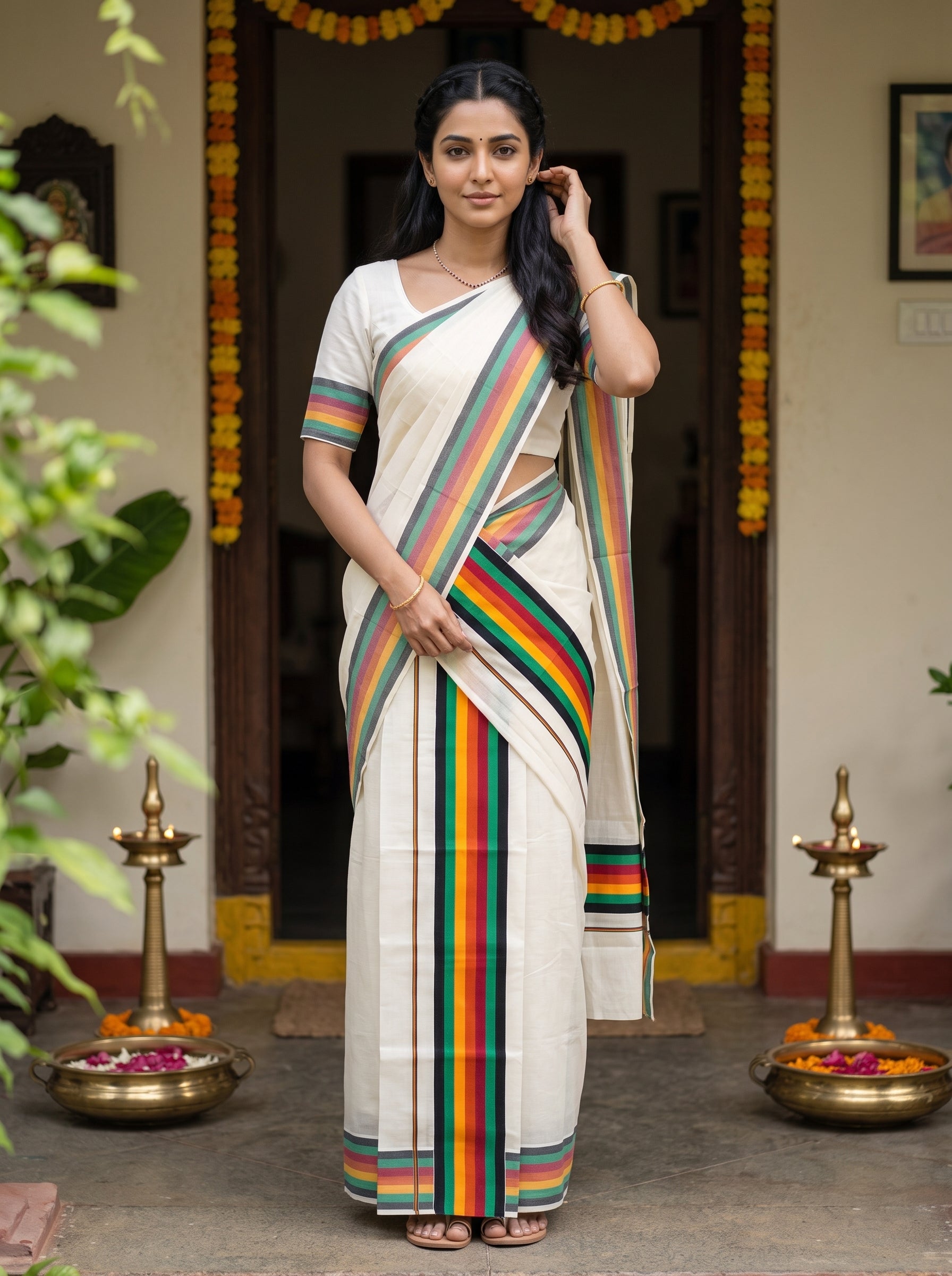 A woman wearing a white cotton saree with vibrant green, yellow, orange, and red stripes stands in front of a traditional doorway decorated with marigold garlands and brass oil lamps.