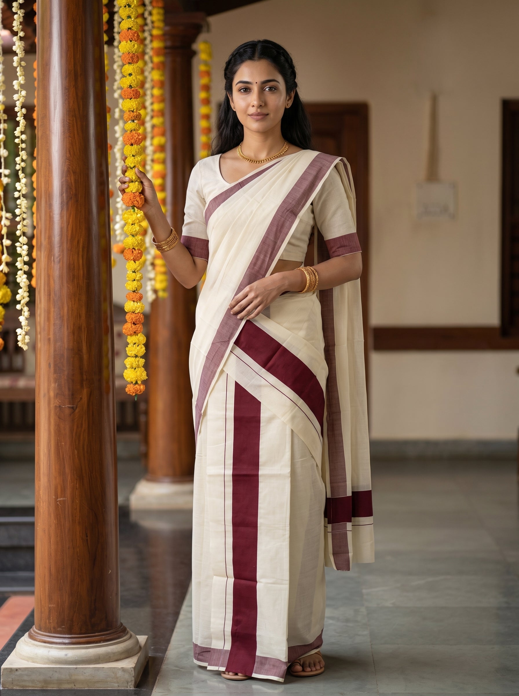 A woman wearing a cream-colored cotton saree with deep maroon borders and a matching maroon blouse, standing in a traditional indoor setting with wooden pillars and garlands.
