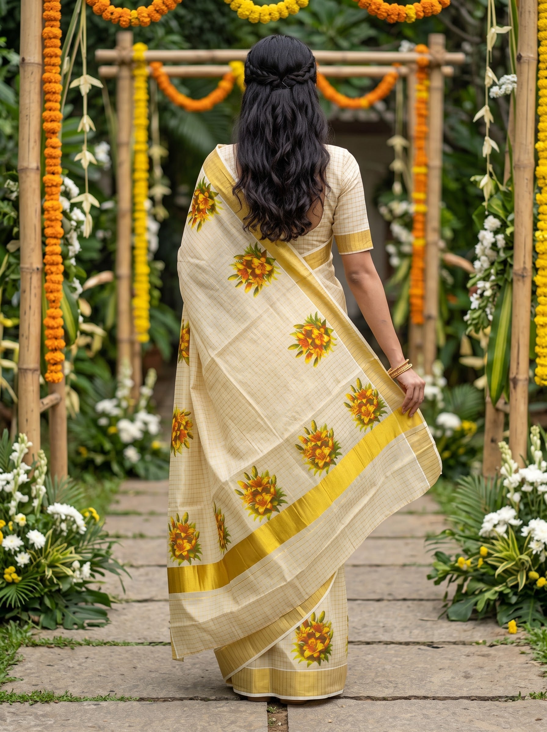 Cotton Golden Checkered  with Lily Floral Print Onam Special Kerala Saree