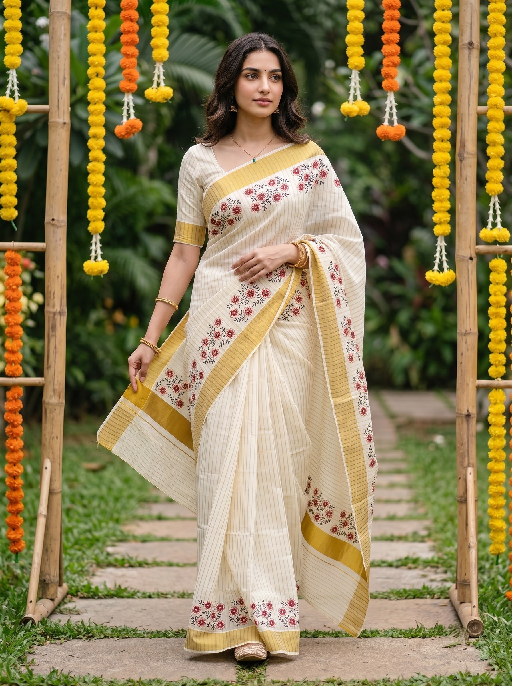 Cotton Cream Pinstripe Floral Border with Golden Border Onam Special Kerala   Saree