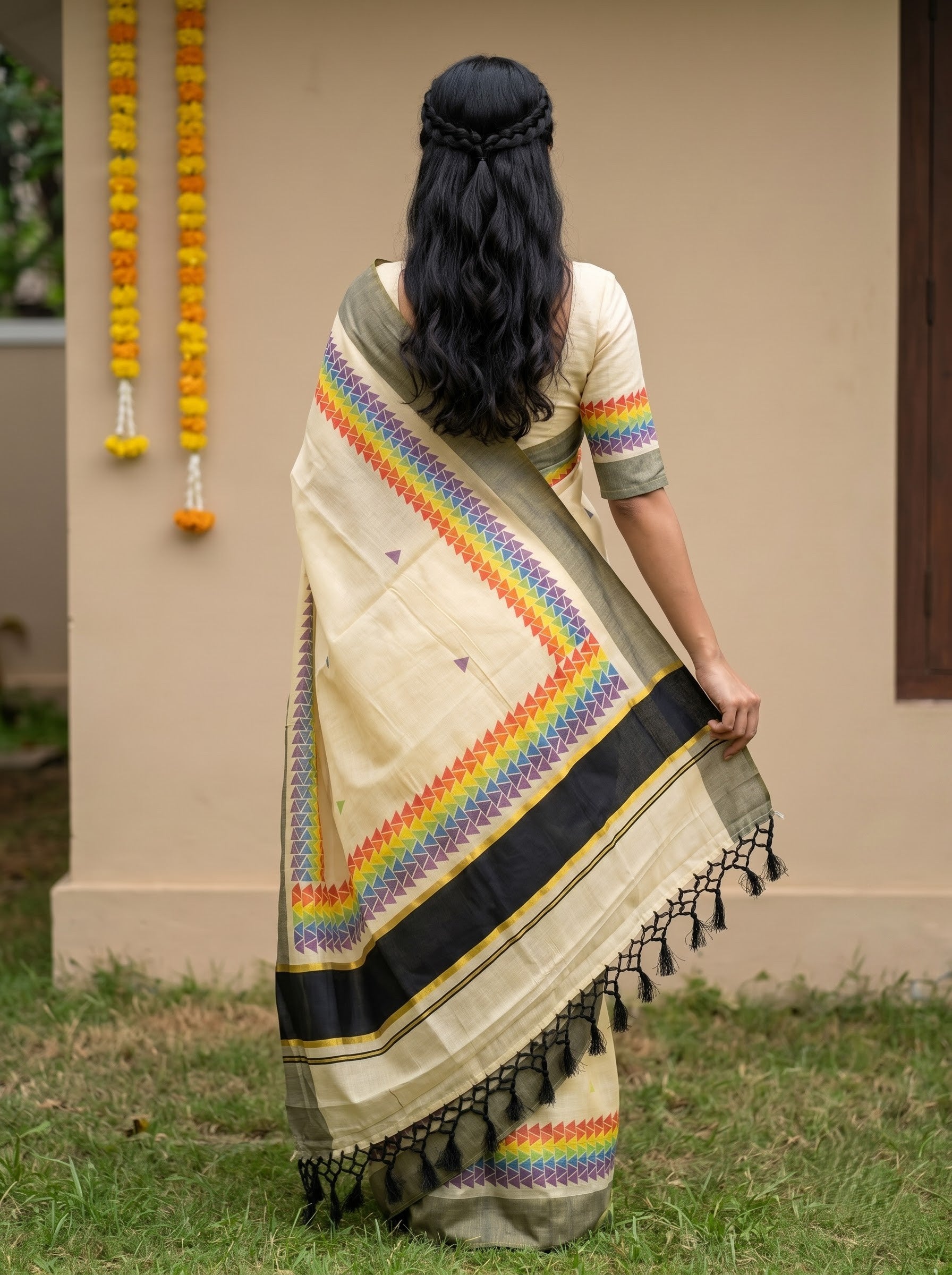 Tissue Cream Rainbow Triangle Print with Olive Green Border Onam Festive Kerala Saree