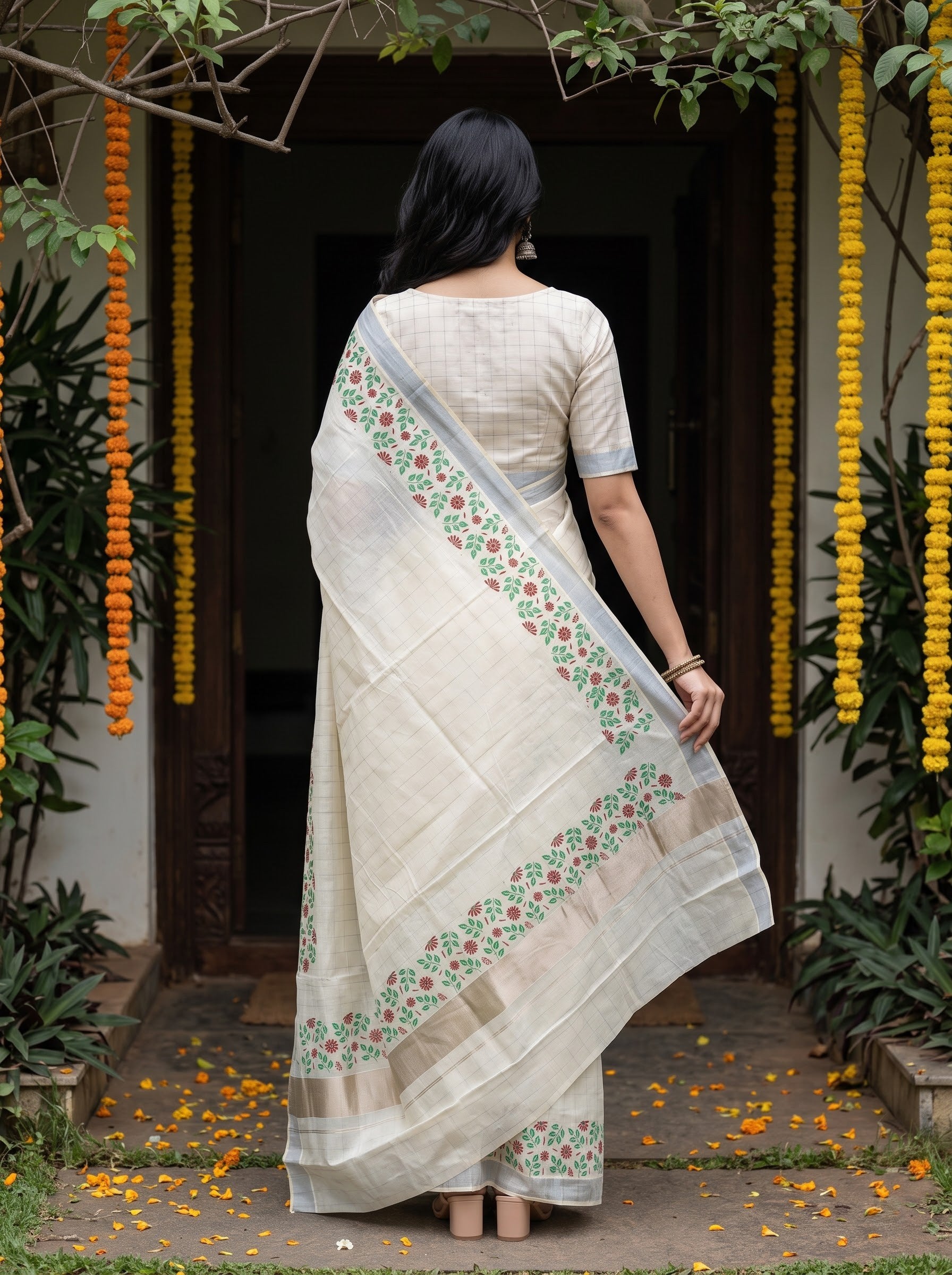 Cotton Cream Checkered with Floral Vine Border Onam Special Kerala Handloom Saree