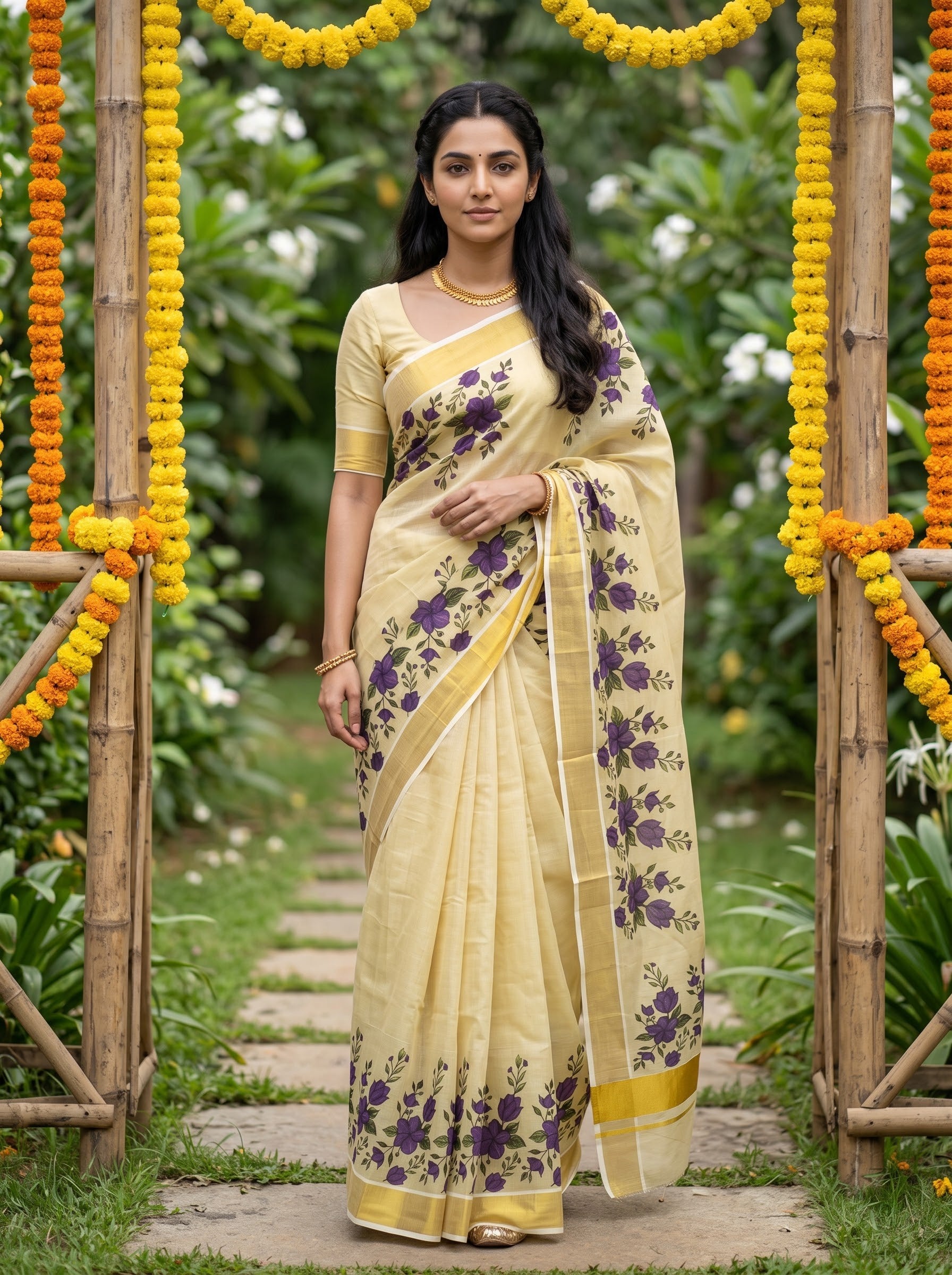 Tissue Golden Purple Rose Print with Golden Zari Border Onam Special Kerala Saree