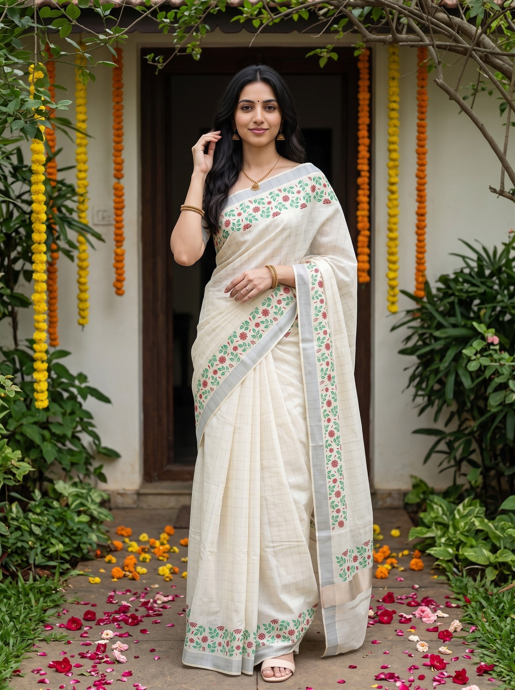Cotton Cream Checkered with Floral Vine Border Onam Special Kerala Handloom Saree