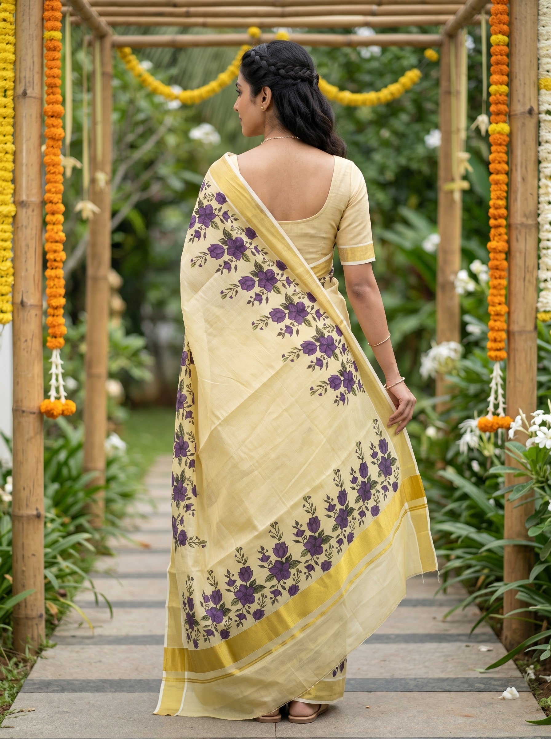 Tissue Golden Purple Rose Print with Golden Zari Border Onam Special Kerala Saree