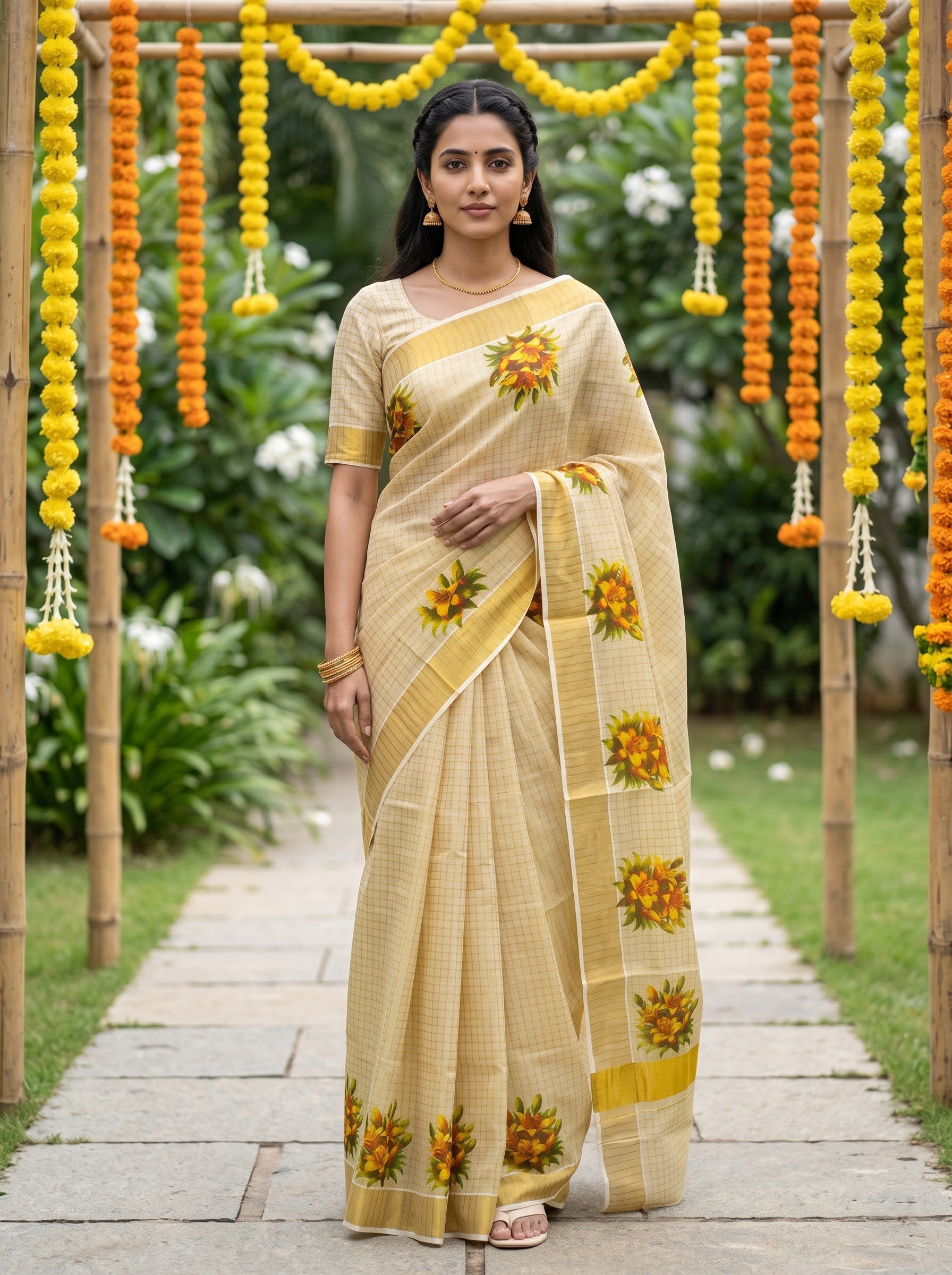 Cotton Golden Checkered  with Lily Floral Print Onam Special Kerala Saree