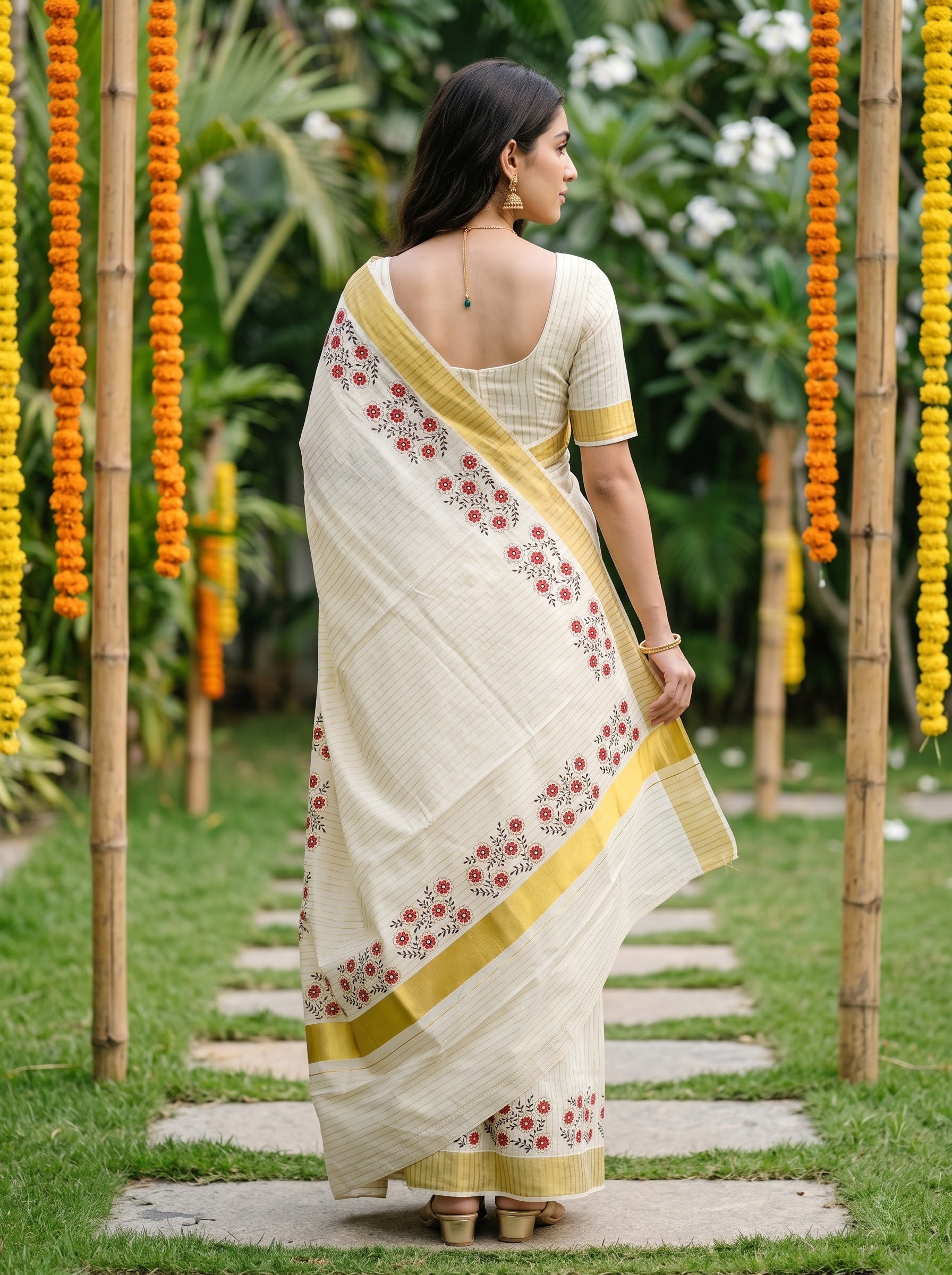 Cotton Cream Pinstripe Floral Border with Golden Border Onam Special Kerala   Saree