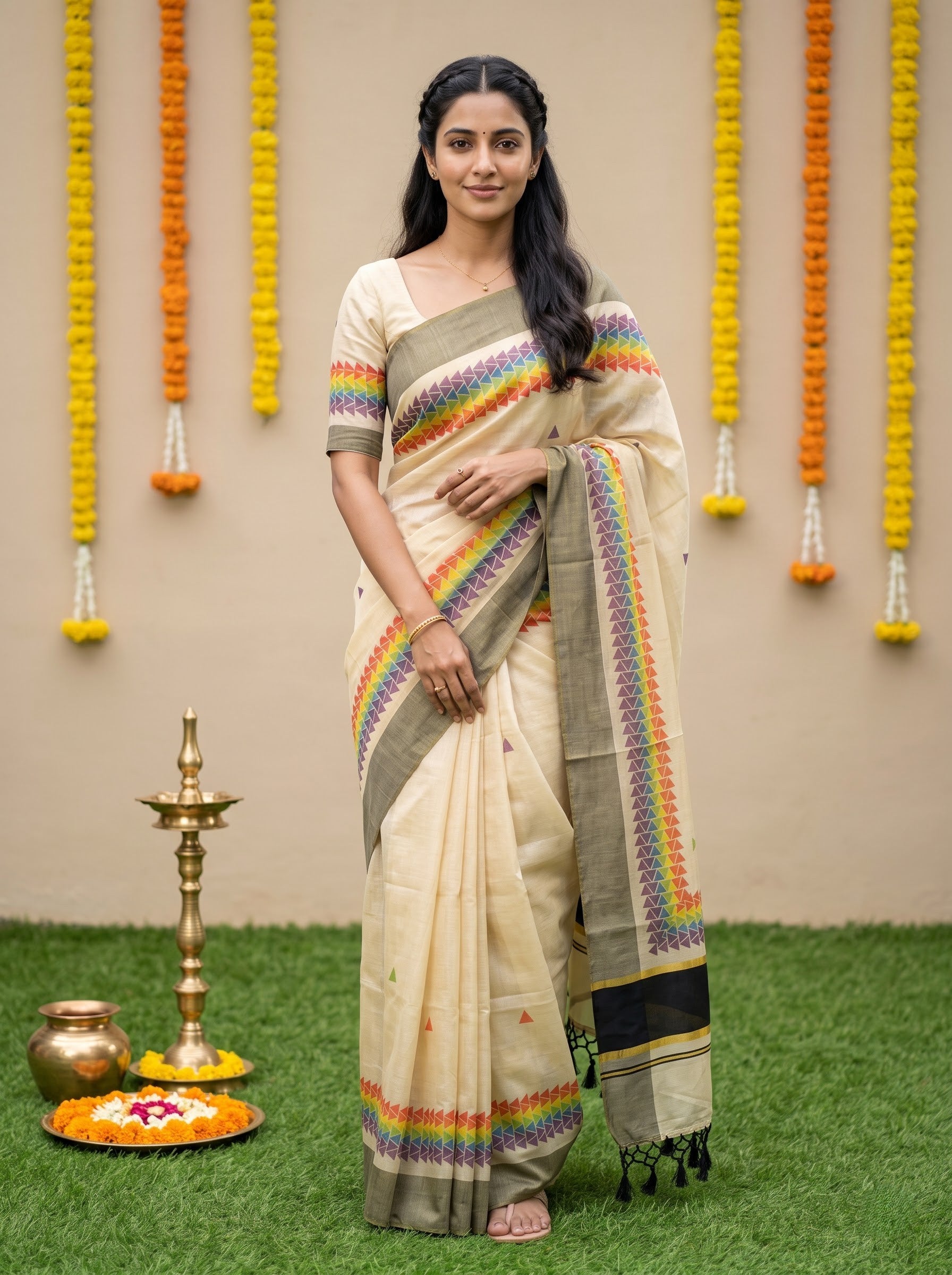 Tissue Cream Rainbow Triangle Print with Olive Green Border Onam Festive Kerala Saree
