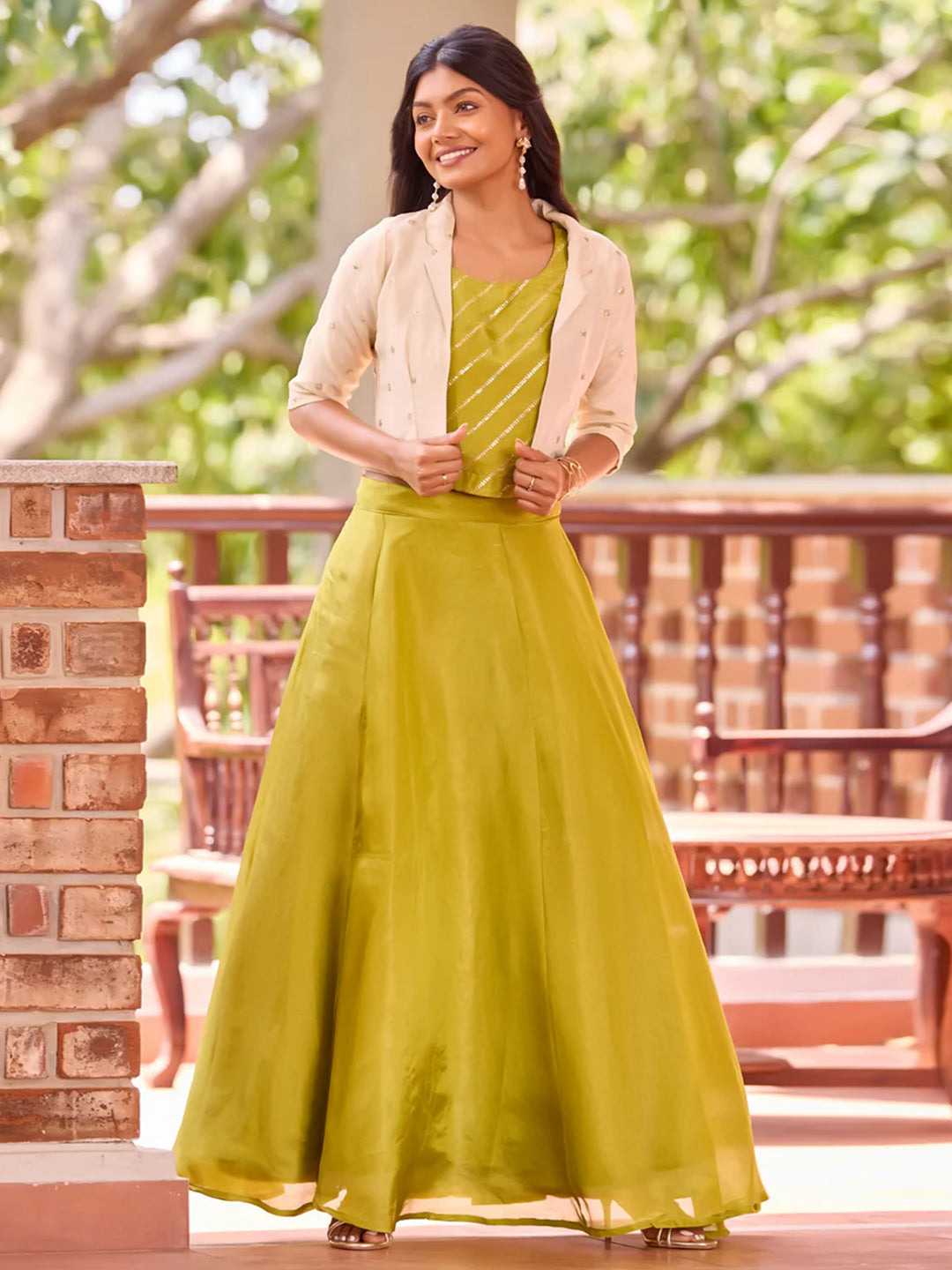 Green Embroidered Crop Top with Off-White Outer & Kasavu Skirt Set