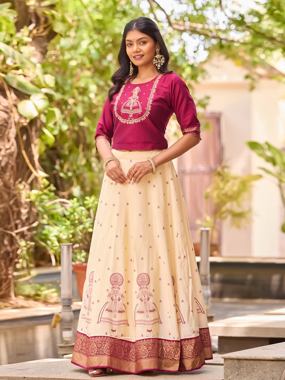 Magenta Silky Slub Crop Top with Kathakali Embroidery & Off-White Skirt Set