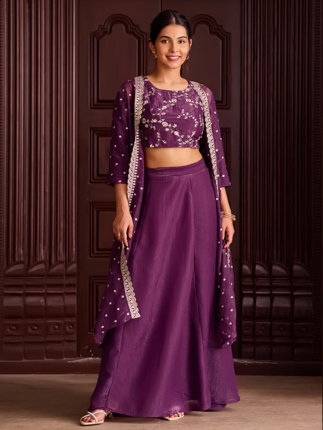 Monochromatic Dark Purple Skirt Set with Golden Threadwork