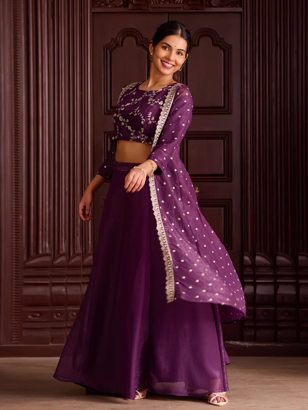 Monochromatic Dark Purple Skirt Set with Golden Threadwork