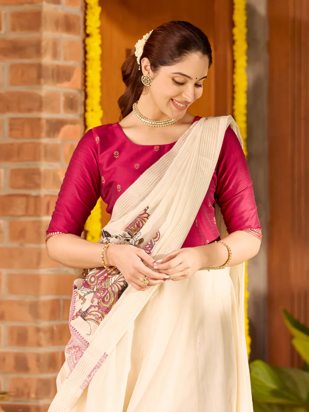 Magenta & Off-White Crop Top with Mural Printed Skirtset & Dupatta