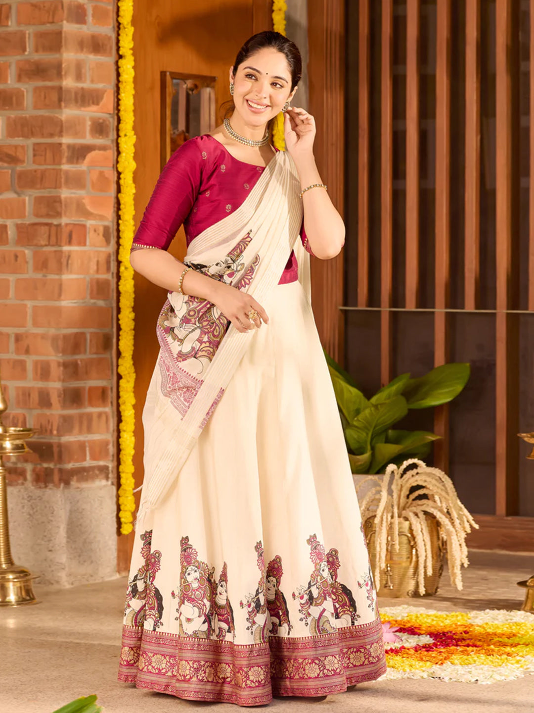 Magenta & Off-White Crop Top with Mural Printed Skirtset & Dupatta
