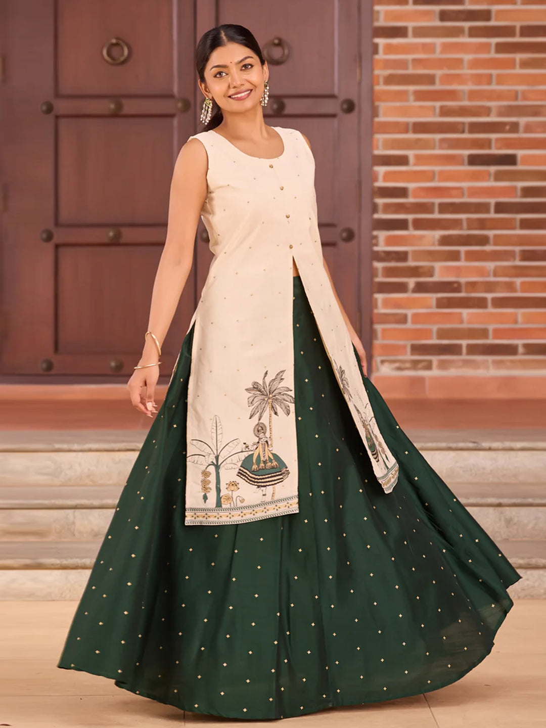 Off-White Printed Knee-Length Top & Bottle Green Floral Skirt Set