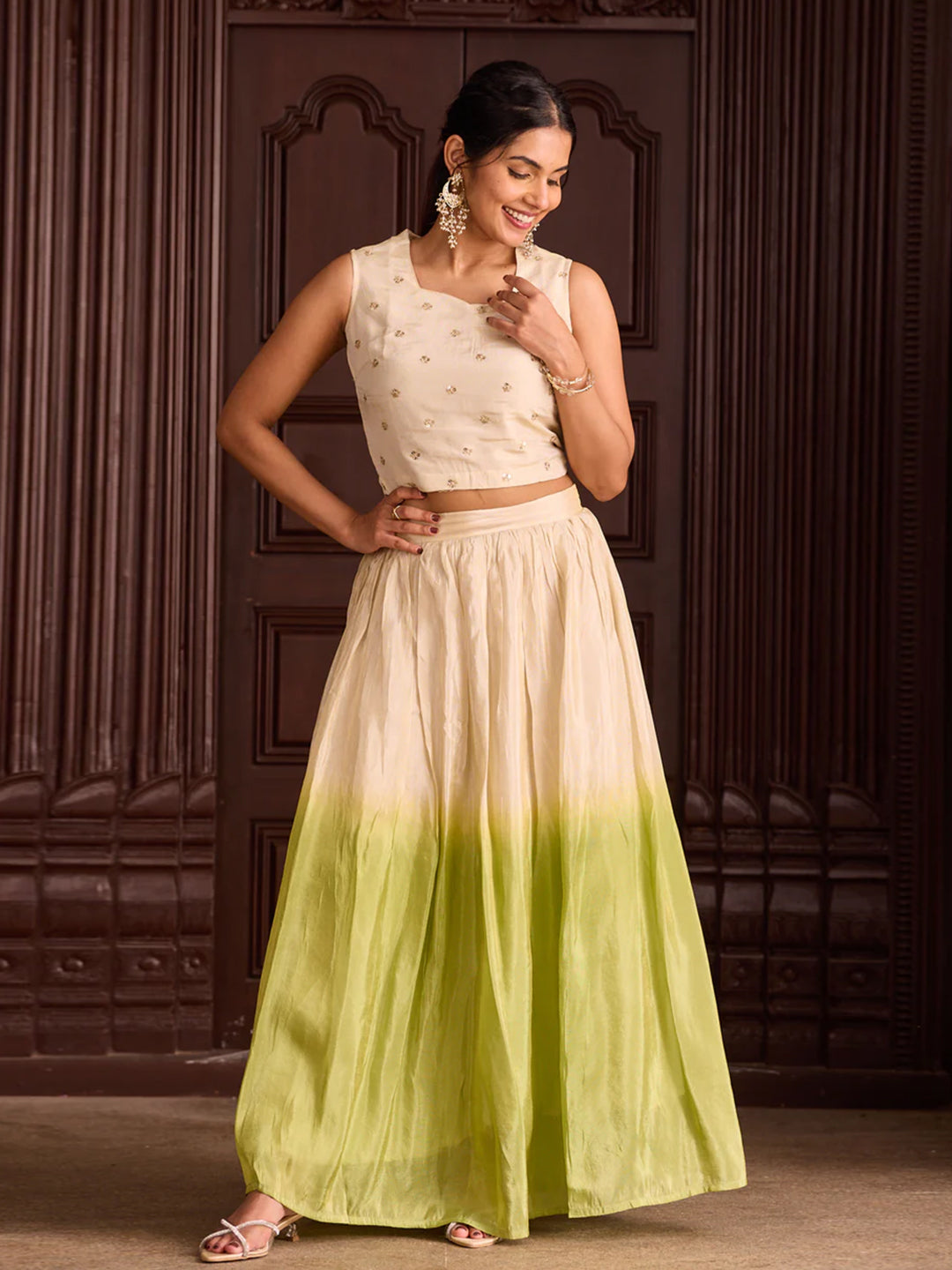 Off-White Sequin Crop Top with Light Green Ombre Circular Skirt