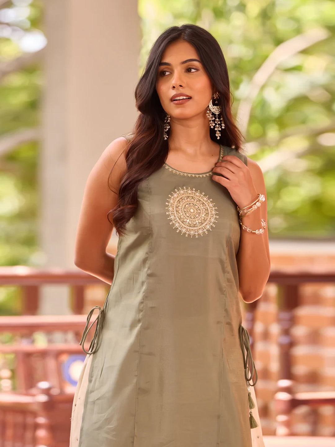 Olive Green Embroidered Top with Foil Mirror & Off-White Sequin Skirt Set
