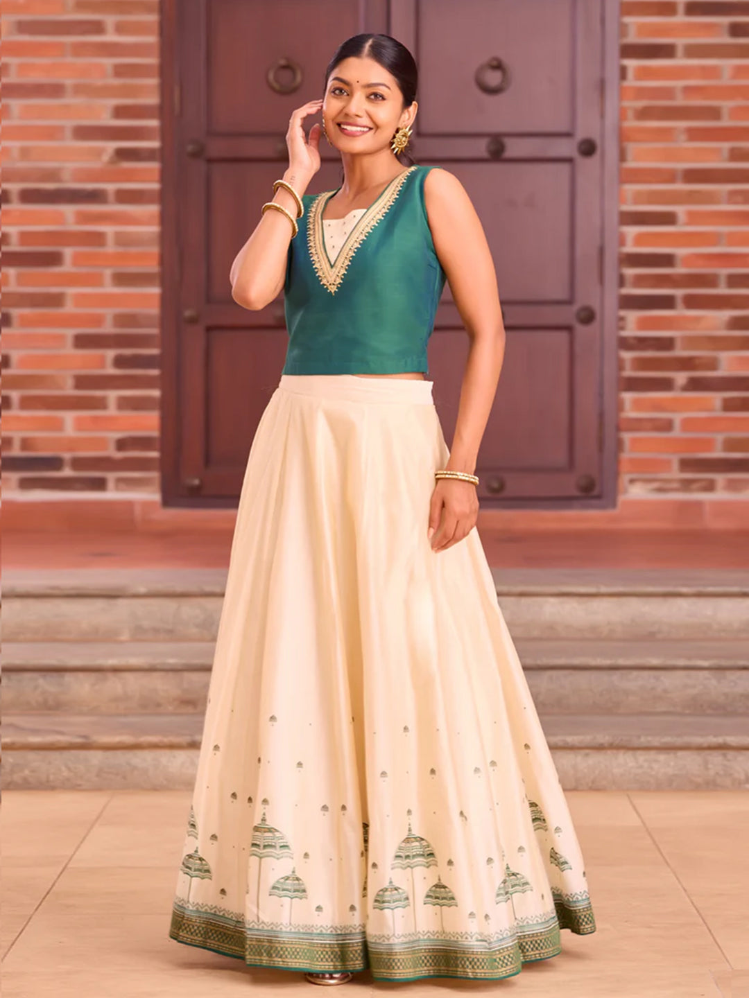 Muthukuda Embroidered Green Crop Top with Printed Off-White Skirtset