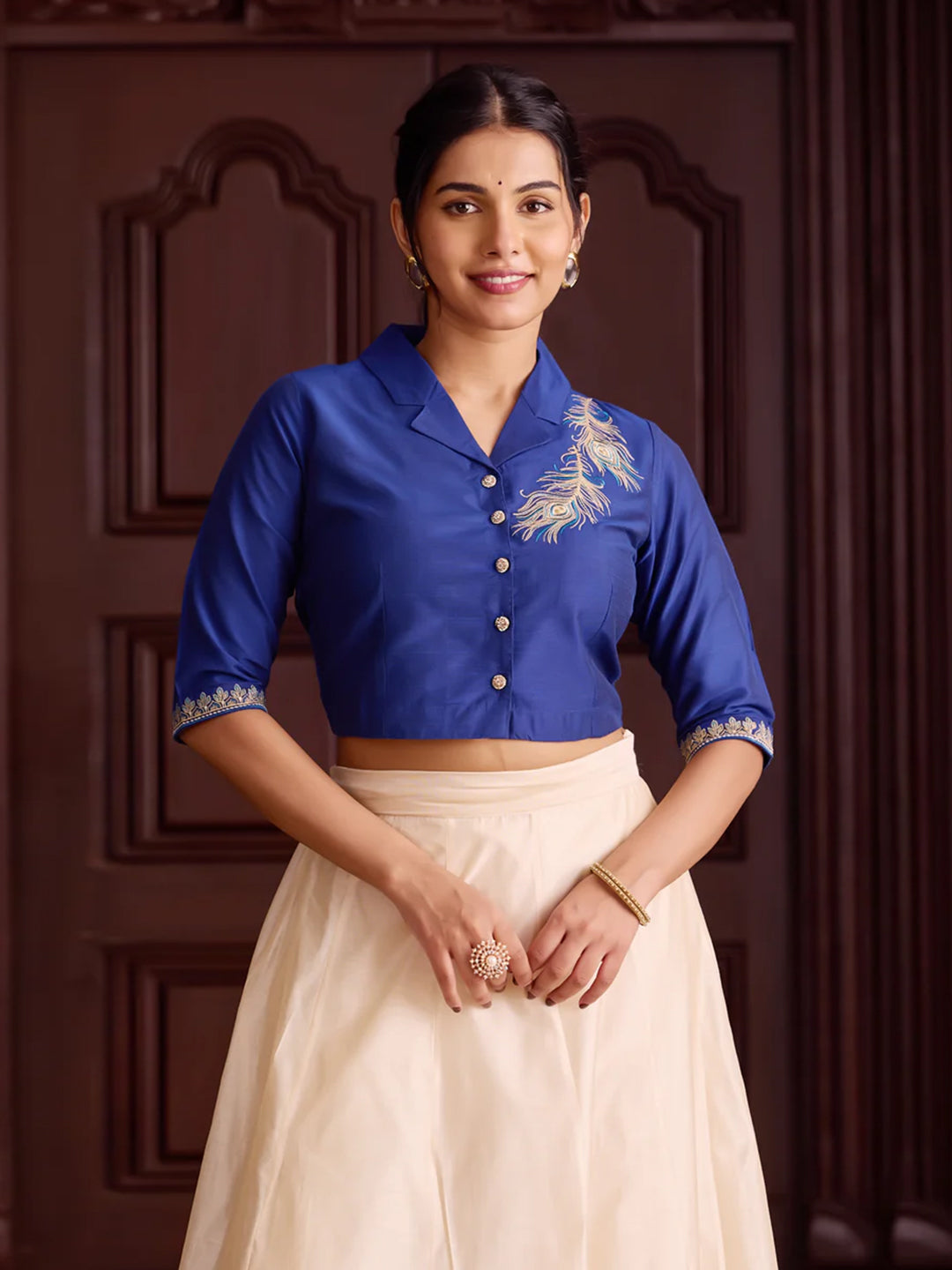 Royal Blue Embroidered Crop Top with Off-White Printed Skirt