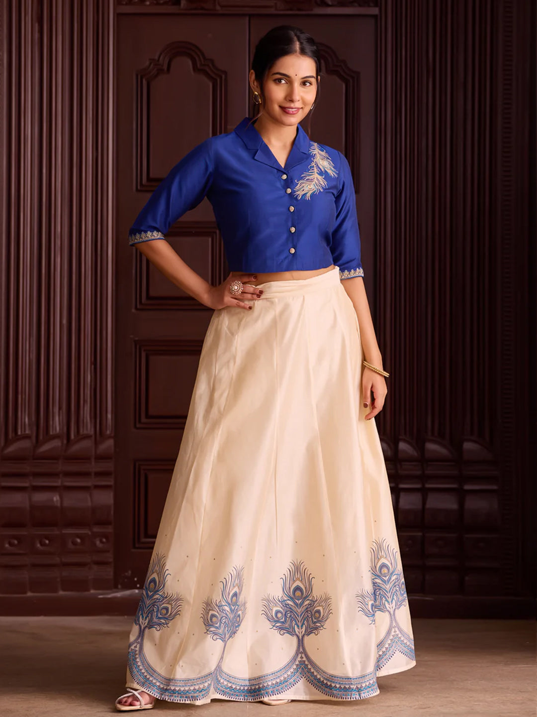 Royal Blue Embroidered Crop Top with Off-White Printed Skirt