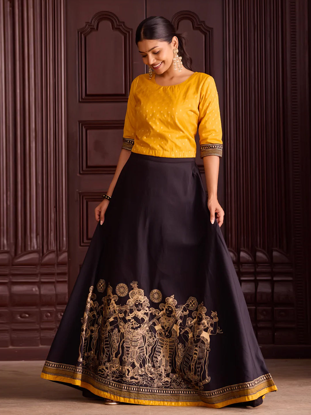Mustard Crop Top with Golden Weave & Black Skirt Set with Mural Print