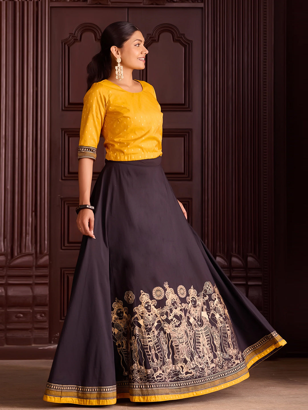 Mustard Crop Top with Golden Weave & Black Skirt Set with Mural Print