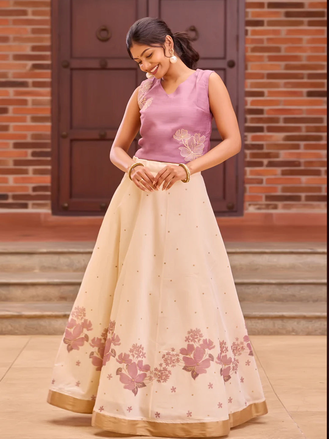 Lavender Embroidered Crop Top & Off-White Chanderi Kasavu Skirt Set