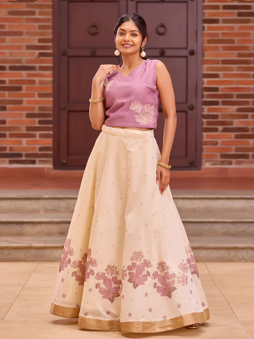 Lavender Embroidered Crop Top & Off-White Chanderi Kasavu Skirt Set