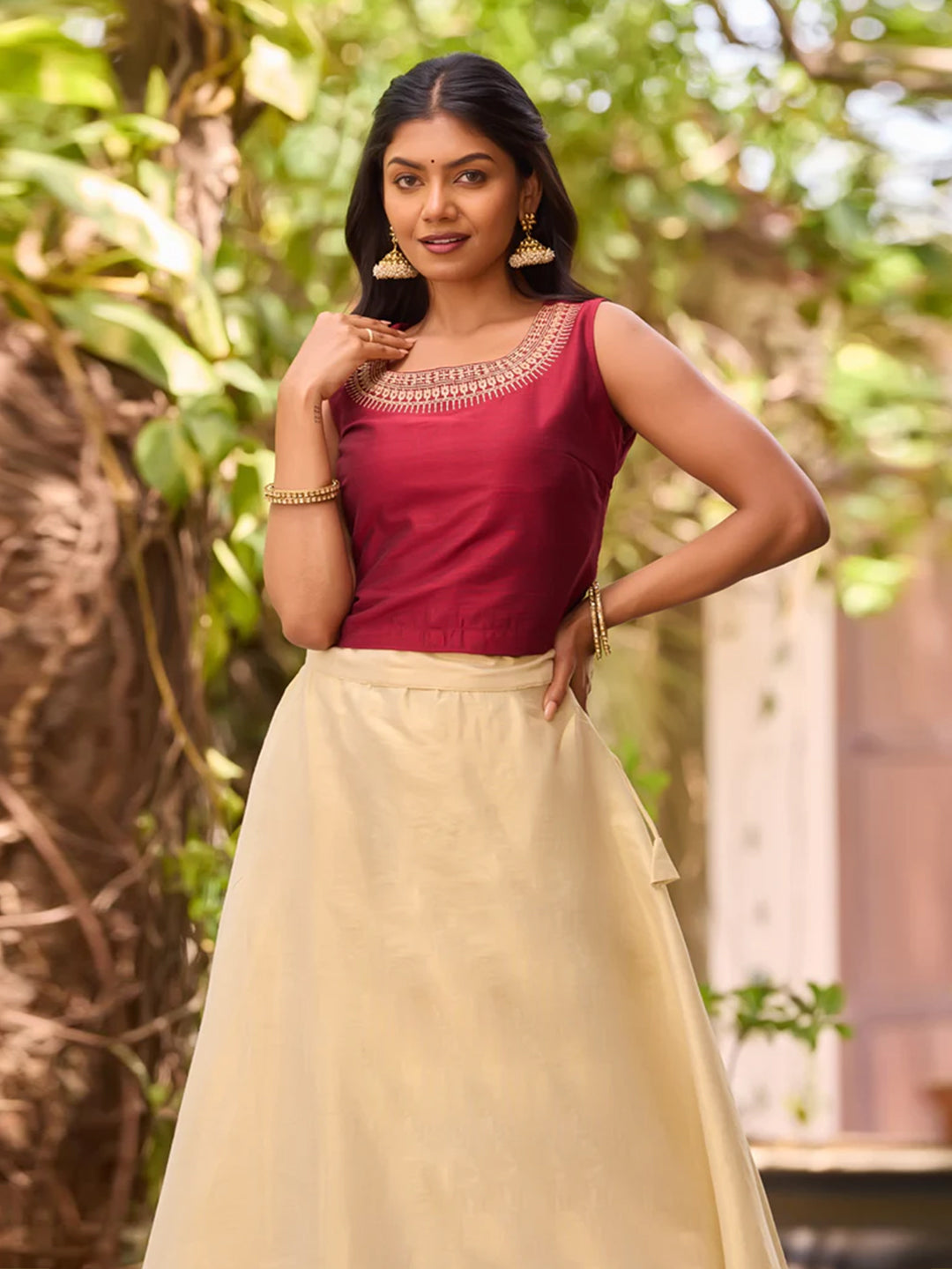 Maroon Embroidered Crop Top & Golden Kasavu Tissue Skirt Set