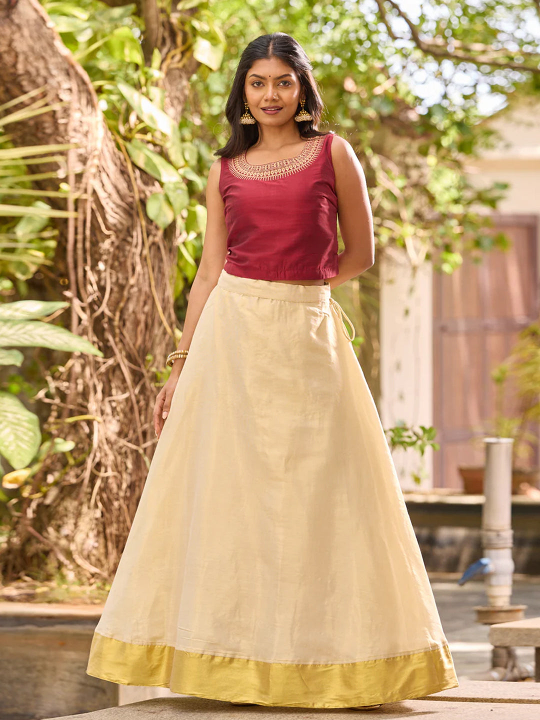 Maroon Embroidered Crop Top & Golden Kasavu Tissue Skirt Set
