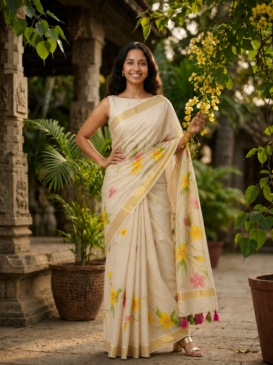Cotton Cream Saree with Yellow Floral Print, Golden Border and Tassel Pallu