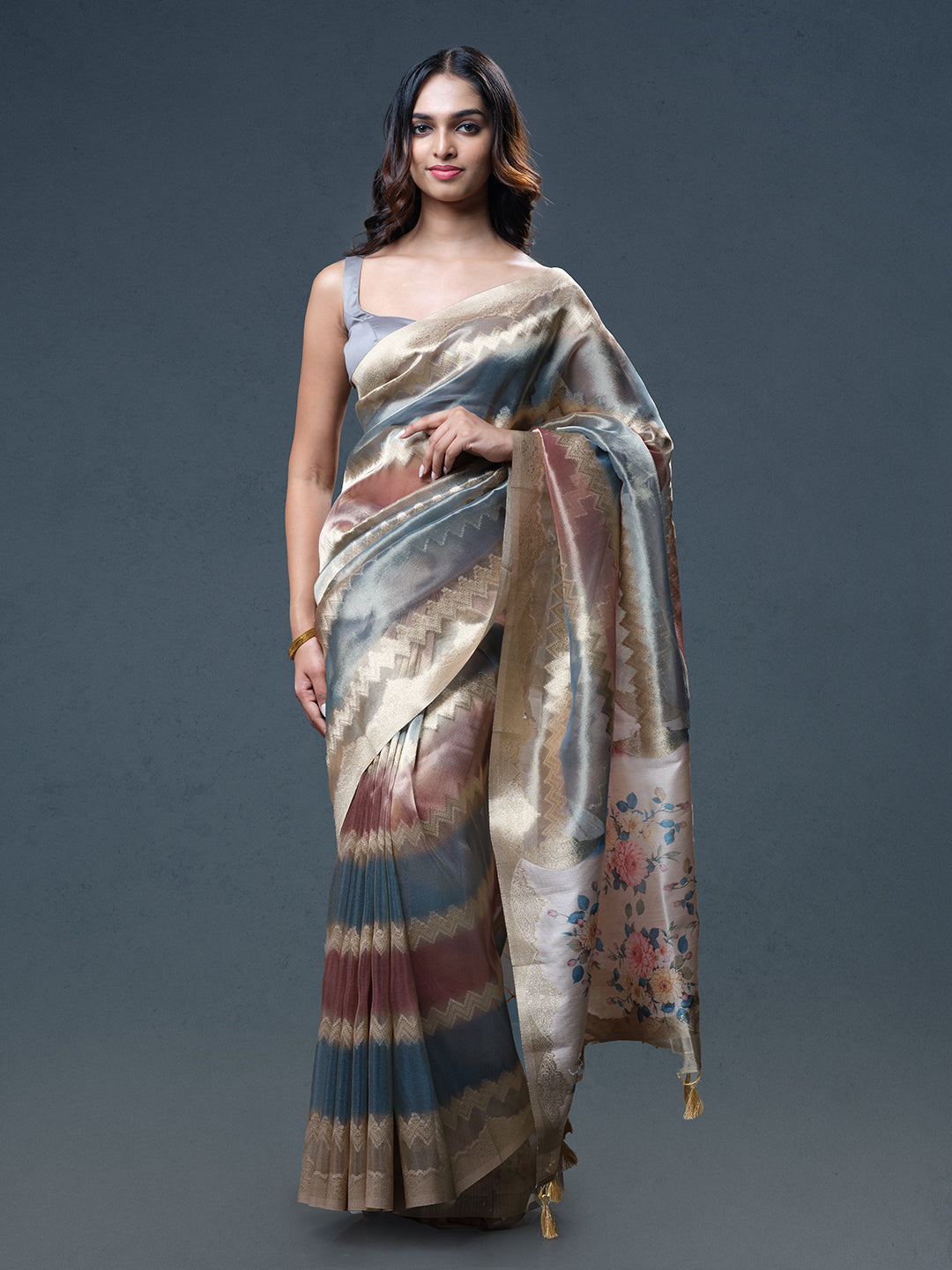 Golden Zig Zag Zari Work Organza Saree