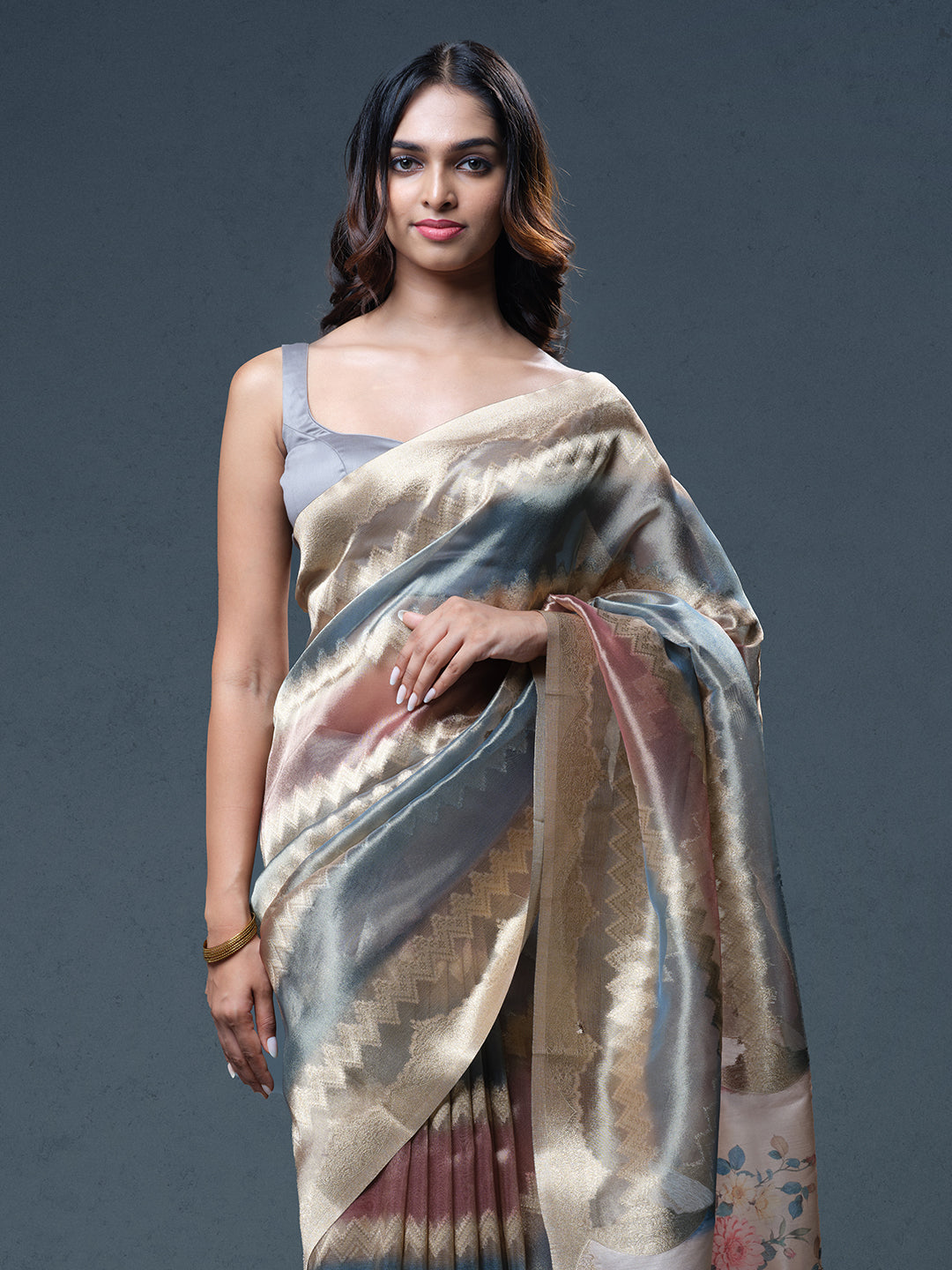 Golden Zig Zag Zari Work Organza Saree