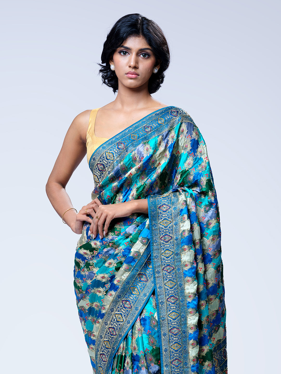 Multi Color Satin Banarasi Designer Saree