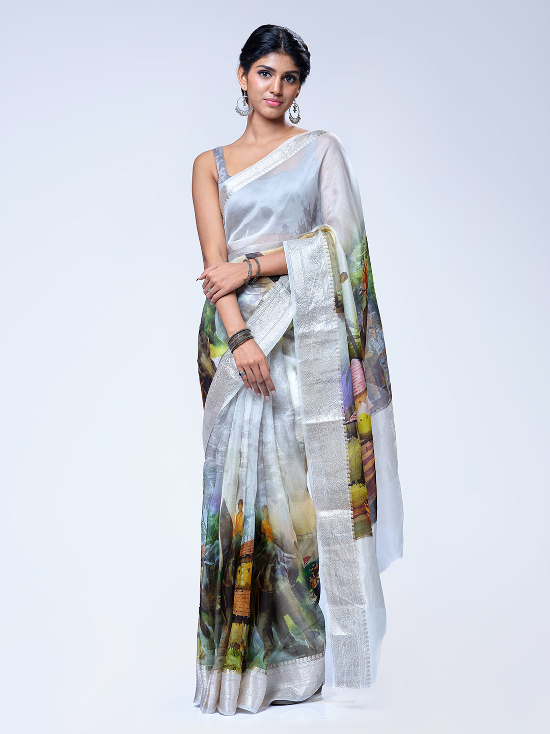 White Organza Digital Print Saree