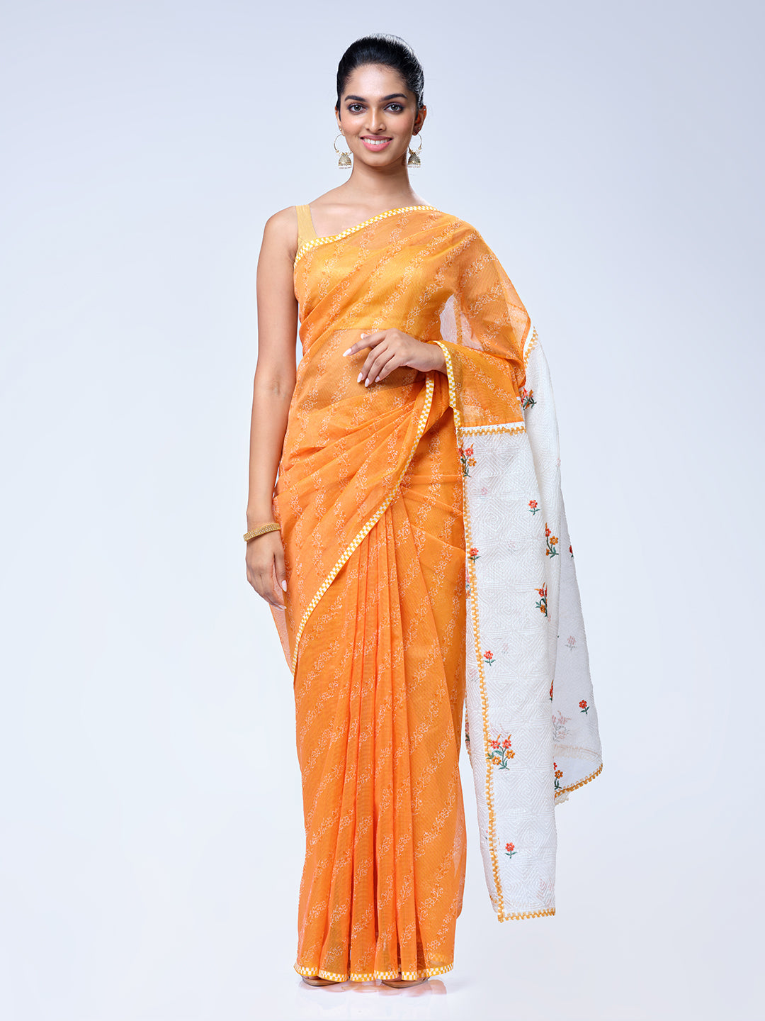 Orange Net Cotta Saree