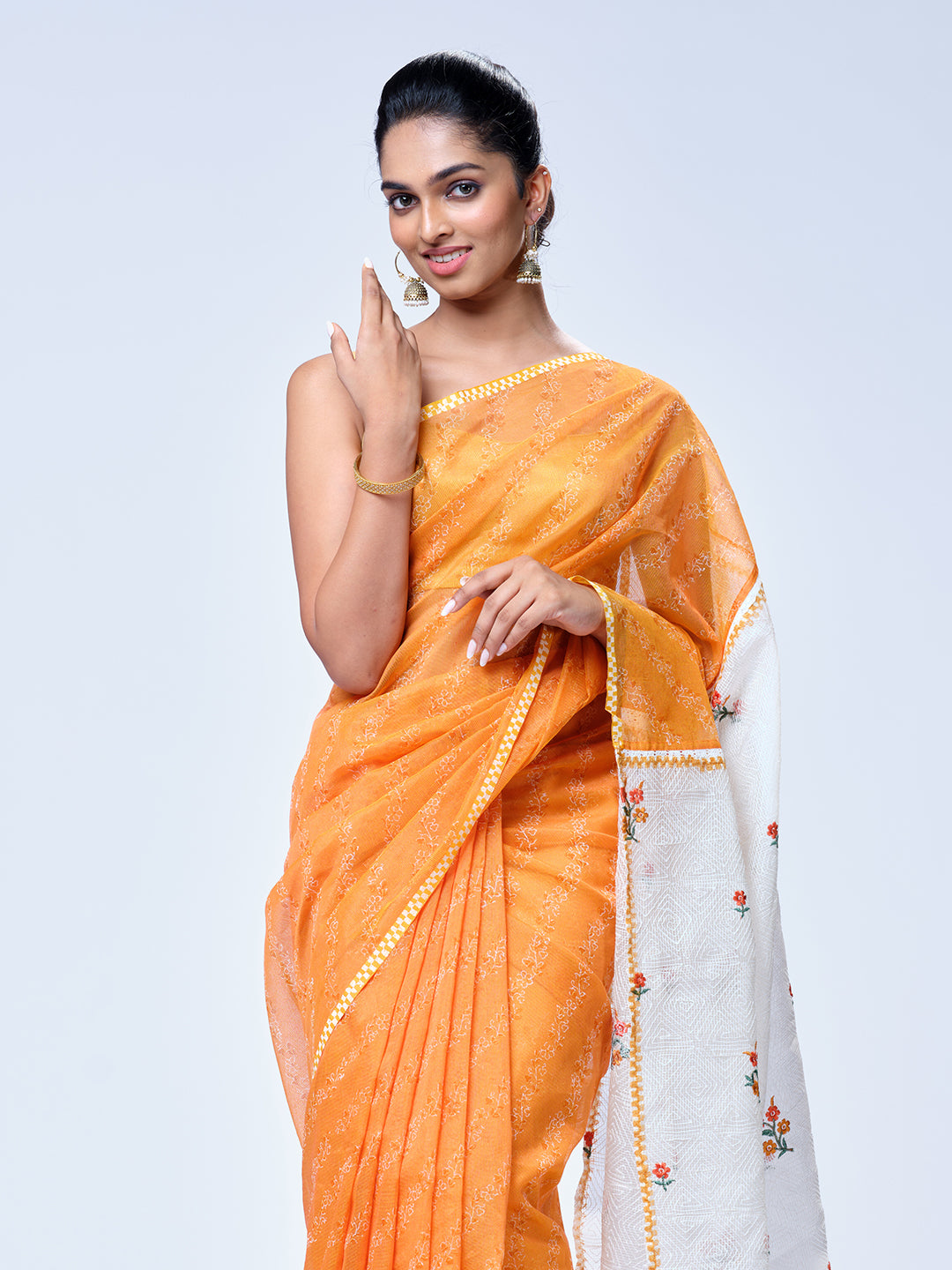 Orange Net Cotta Saree
