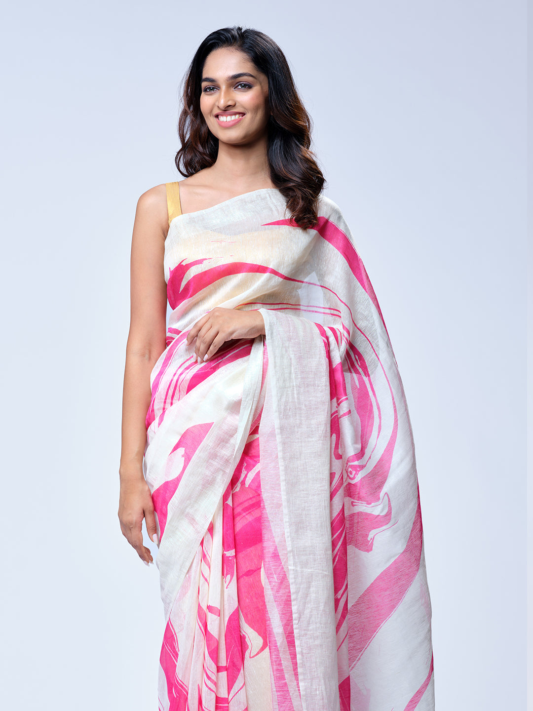 Off White & Pink Linen Saree