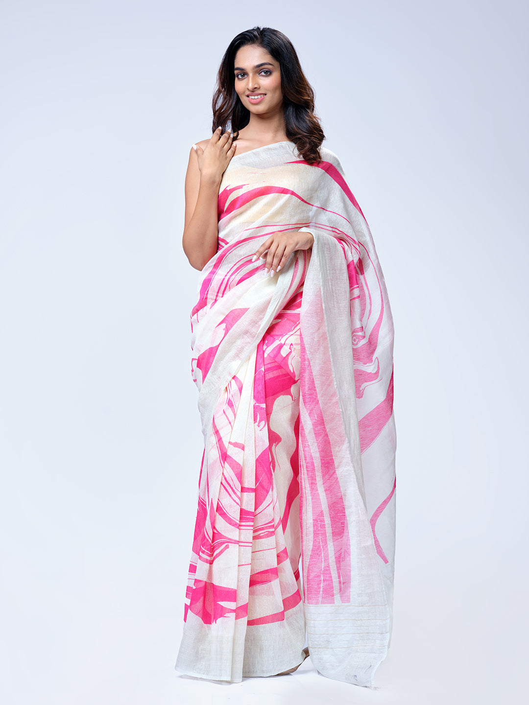 Off White & Pink Linen Saree