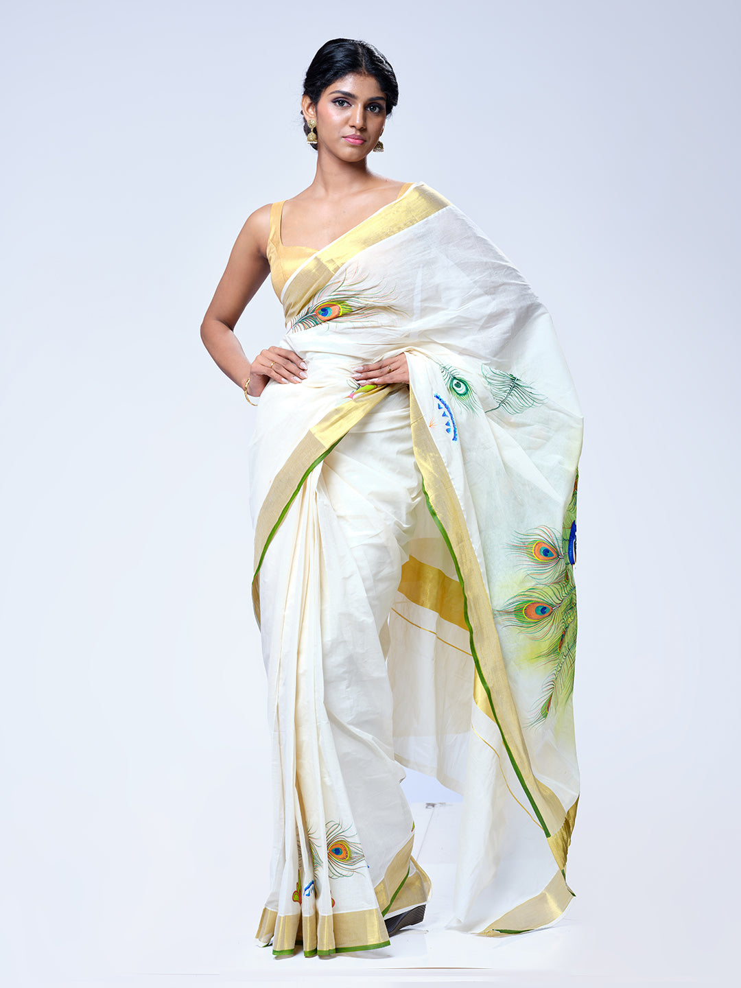 Off White Cotton Mural Painting Saree