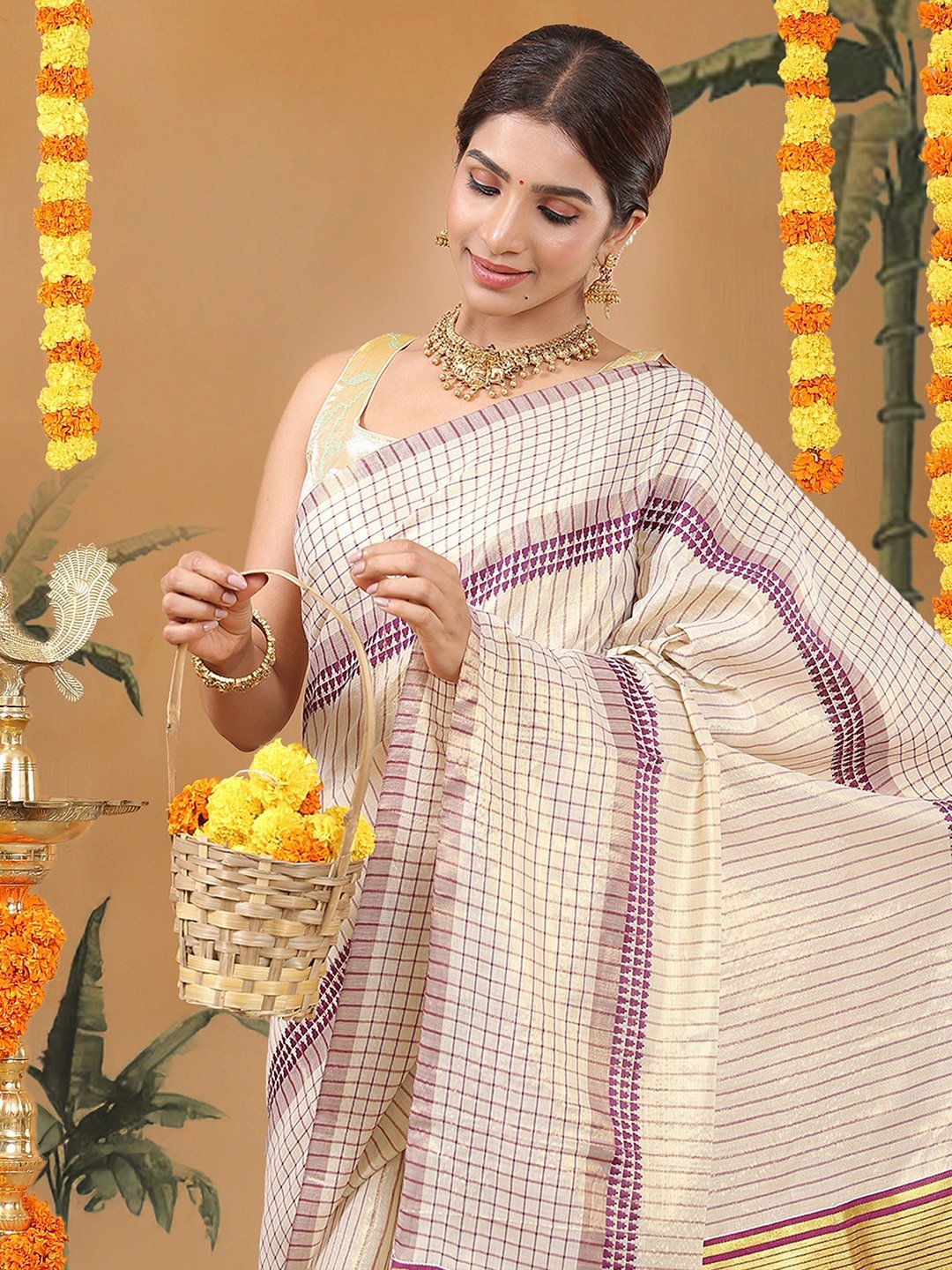 Kalyan Silks Golden Tissue Set Saree with Purple Stripes and Check Border